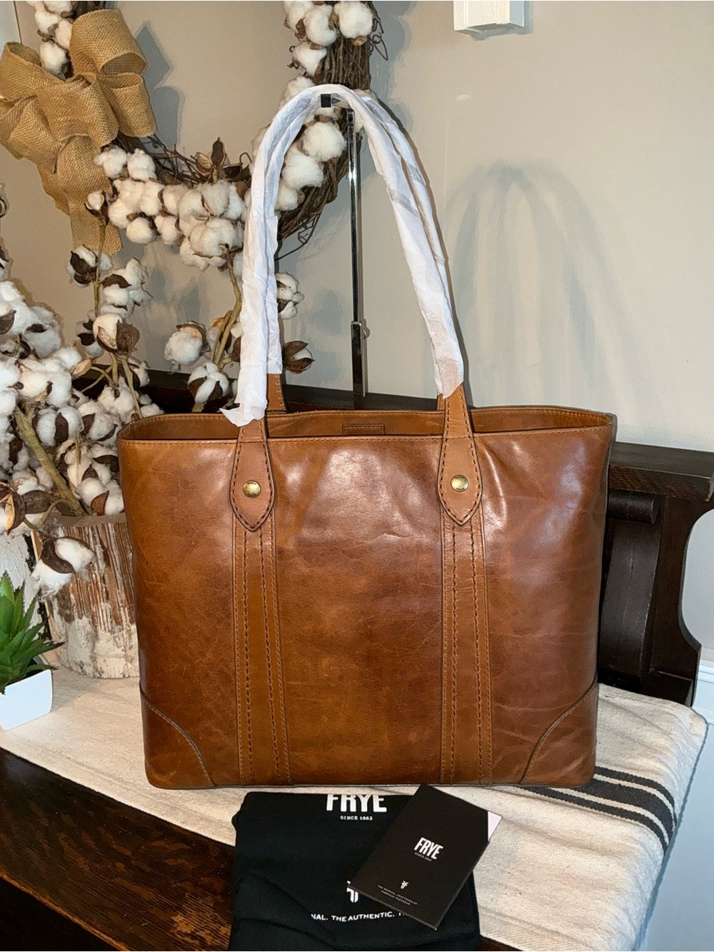 NWT Frye Melissa Leather Shopper Tote Shoulder Bag Cognac Brown Retail  $358 - Picture 2 of 13
